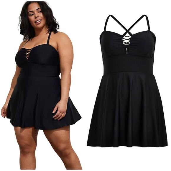 Torrid NWT Crisscross Lattice Peplum Long Swim Dress Black Size 1X Lace-up Bust - Picture 1 of 9